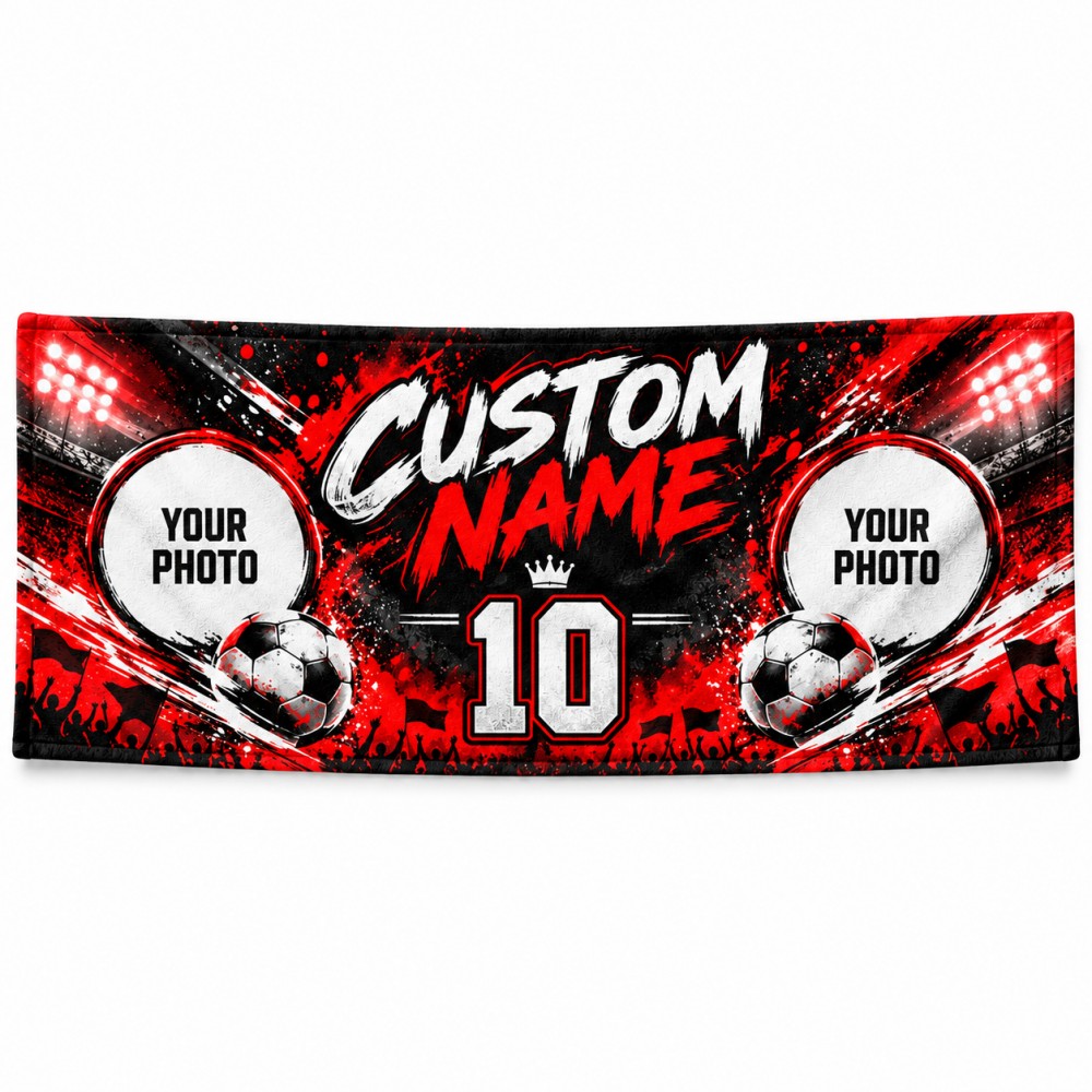 Party Games Name - 1枚入り、カスタムデザインのサッカーファン用タオル。写真や名前、背番号をプリント可能。マイクロファイバー素材のスポーツタオルで、スタジアムでの試合やゲームの日、サッカーファンに最適。