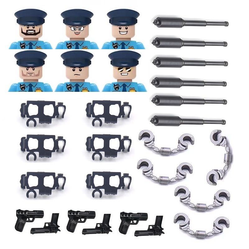 Lego Set Creator - 6個入りセット、アメリカの都市警察の手錠、ピストル、軍用モデル、子供向けの組み立てブロック、武器フィギュア、ミニおもちゃ、趣味用。